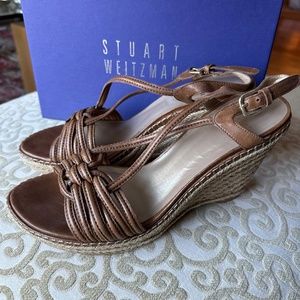 Stuart Weitzman Epic Toffee Brown Strap Leather Espadrille Wedge Sandal